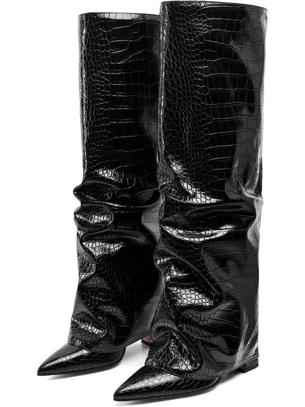 Women's Black Pointed Toe Fold Over Chunky Block Heel Slouchy Knee High Boots